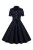 Indlæs billede til gallerivisning Navy Revers Hals Vintage 1950&#39;erne Kjole