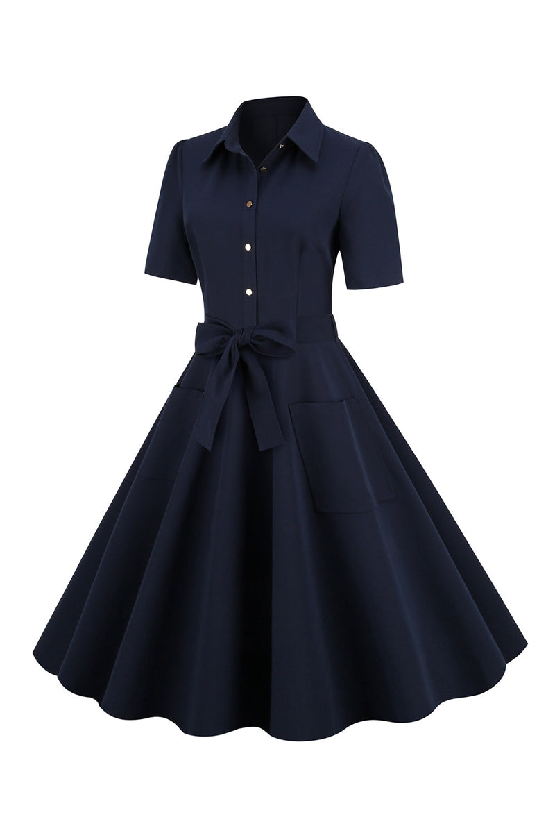 Indlæs billede til gallerivisning Navy Revers Hals Vintage 1950&#39;erne Kjole