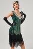 Indlæs billede til gallerivisning Sort grøn kjole med v-halsklap med frynser