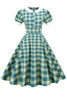 Indlæs billede til gallerivisning Jewel Neck Green Grid 1950&#39;erne Kjole med korte ærmer