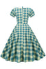 Indlæs billede til gallerivisning Jewel Neck Green Grid 1950&#39;erne Kjole med korte ærmer