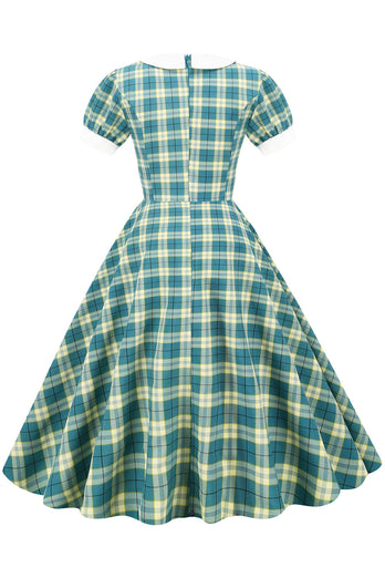 Jewel Neck Green Grid 1950'erne Kjole med korte ærmer