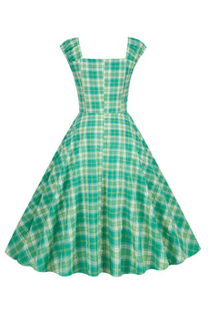 En-line hals højtaljet vintage plaid kjole