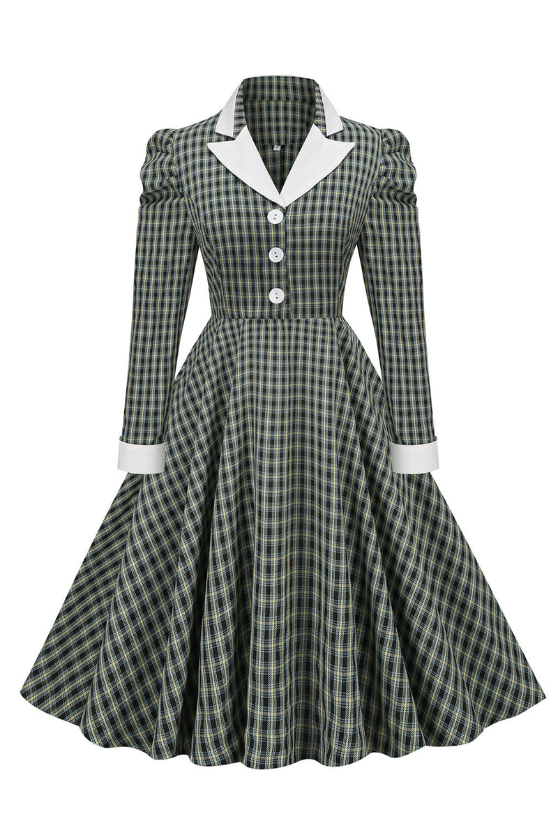 Indlæs billede til gallerivisning Vintage britisk stil Slim Fit Revers Green Grid 1950&#39;erne Kjole