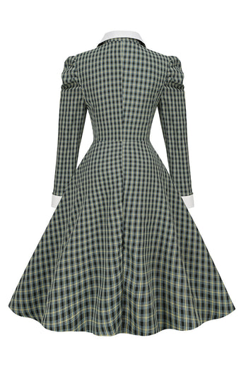 Vintage britisk stil Slim Fit Revers Green Grid 1950'erne Kjole