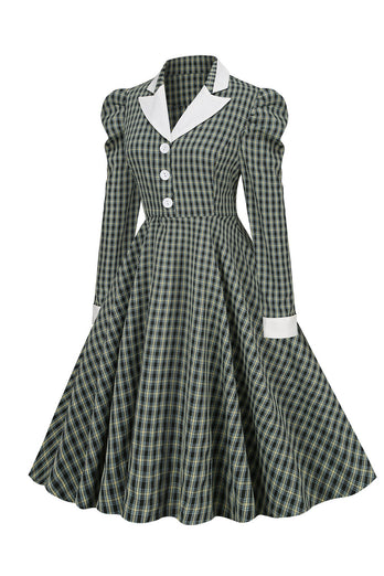 Vintage britisk stil Slim Fit Revers Green Grid 1950'erne Kjole