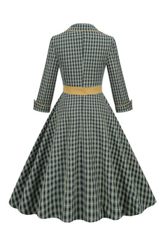 A Line V Neck Green Grid 1950'erne Kjole med 3/4 ærmer