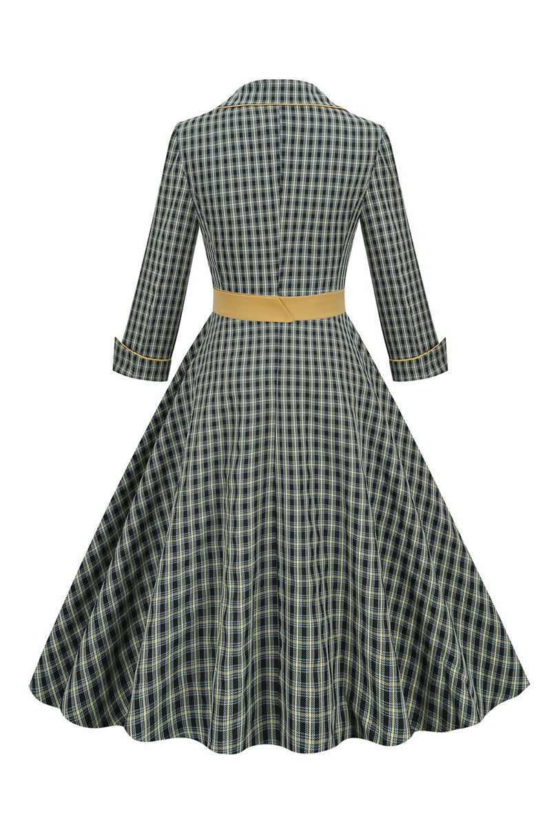 Indlæs billede til gallerivisning A Line V Neck Green Grid 1950&#39;erne Kjole med 3/4 ærmer