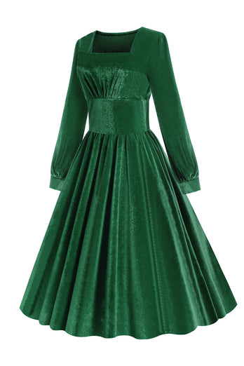 Grøn A-line fløjl vintage kjole