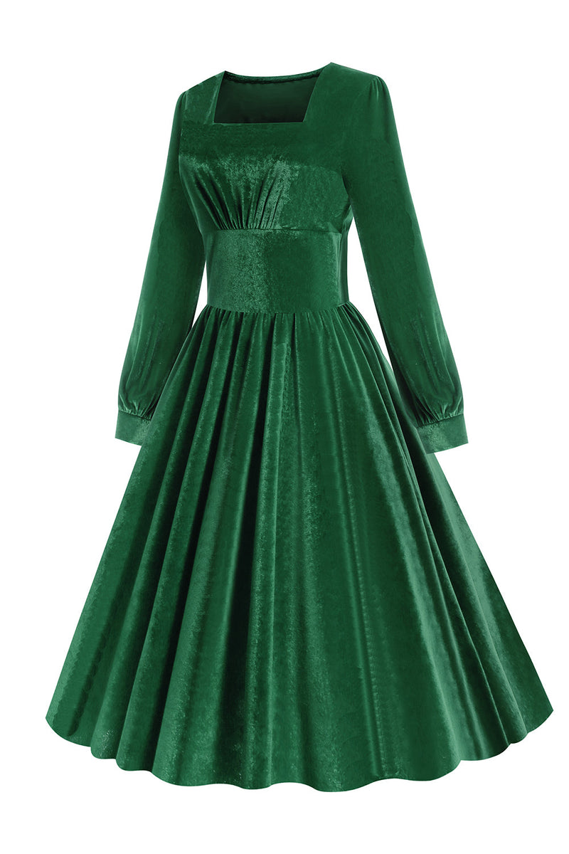 Indlæs billede til gallerivisning Grøn A-line fløjl vintage kjole
