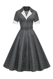 Grå plaid revers hals vintage kjole