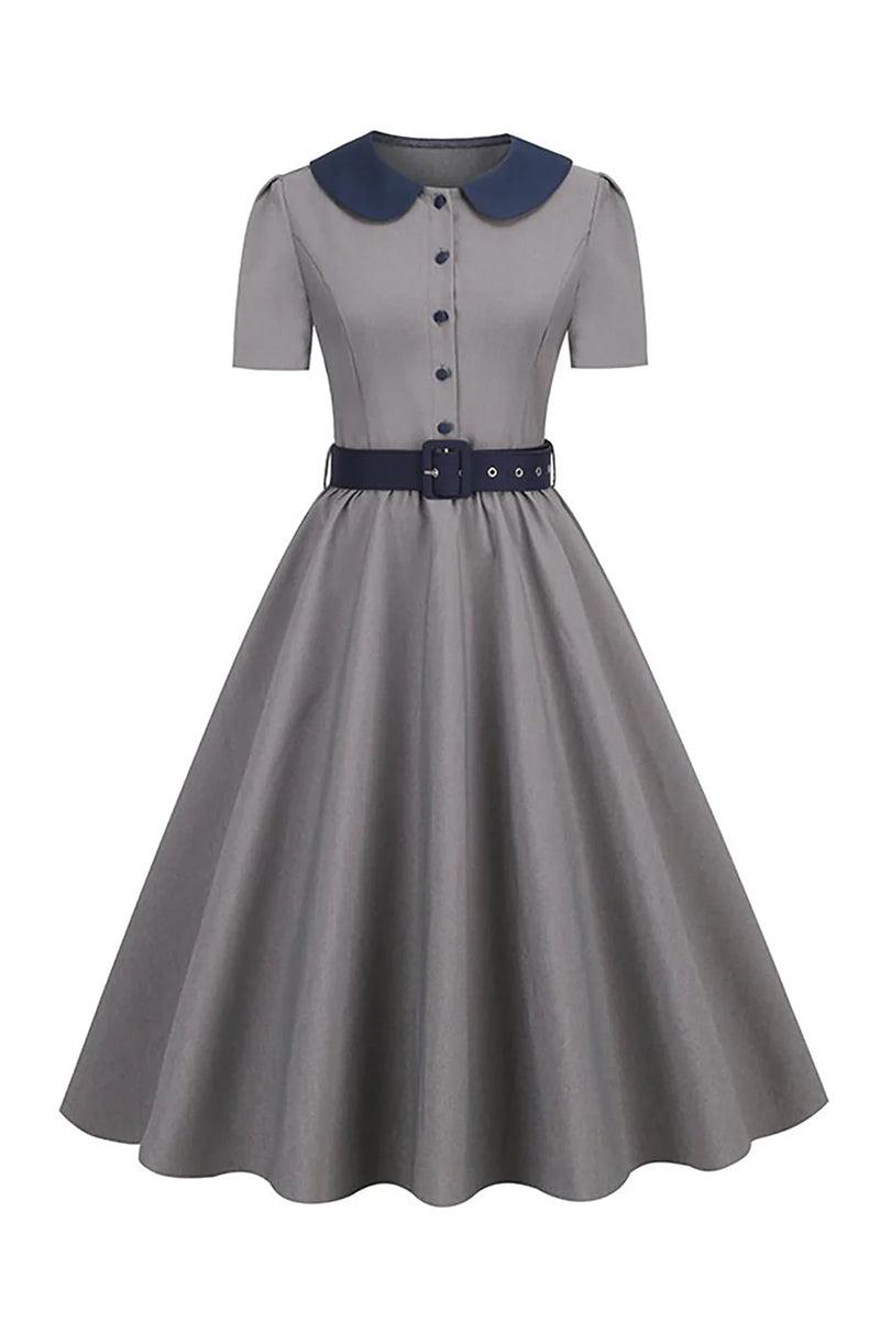 Indlæs billede til gallerivisning Peter Pan krave grå 1950&#39;er kjole med bælte