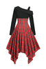 Indlæs billede til gallerivisning Sort rød plaid patchwork asymmetrisk vintage kjole