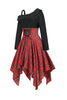 Indlæs billede til gallerivisning Sort rød plaid patchwork asymmetrisk vintage kjole