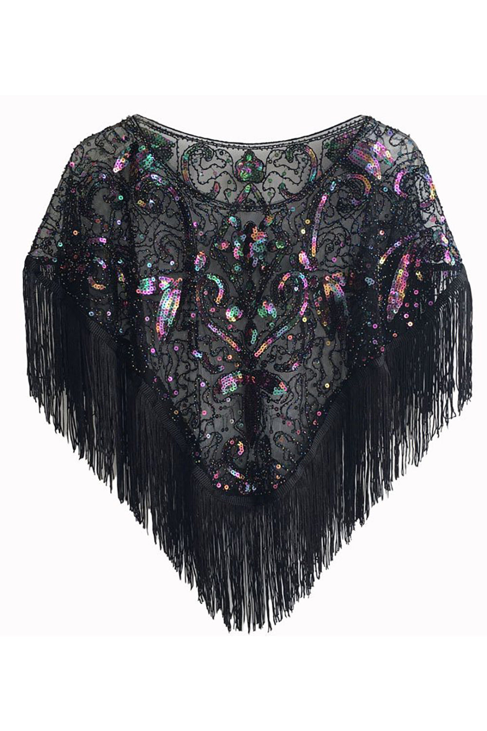 Sequined Black Golden 1920'erne Cape med frynser