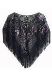 Sequined Black Golden 1920'erne Cape med frynser