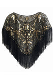 Sequined Black Golden 1920'erne Cape med frynser