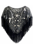 Sequined Black Golden 1920'erne Cape med frynser