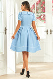 Juvelhals blå vintage kjole med korte ærmer