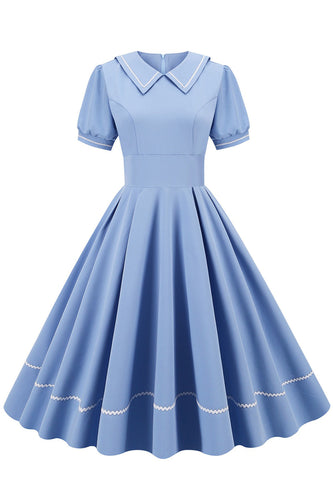 Retro Style Blå 1950'er kjole med korte ærmer