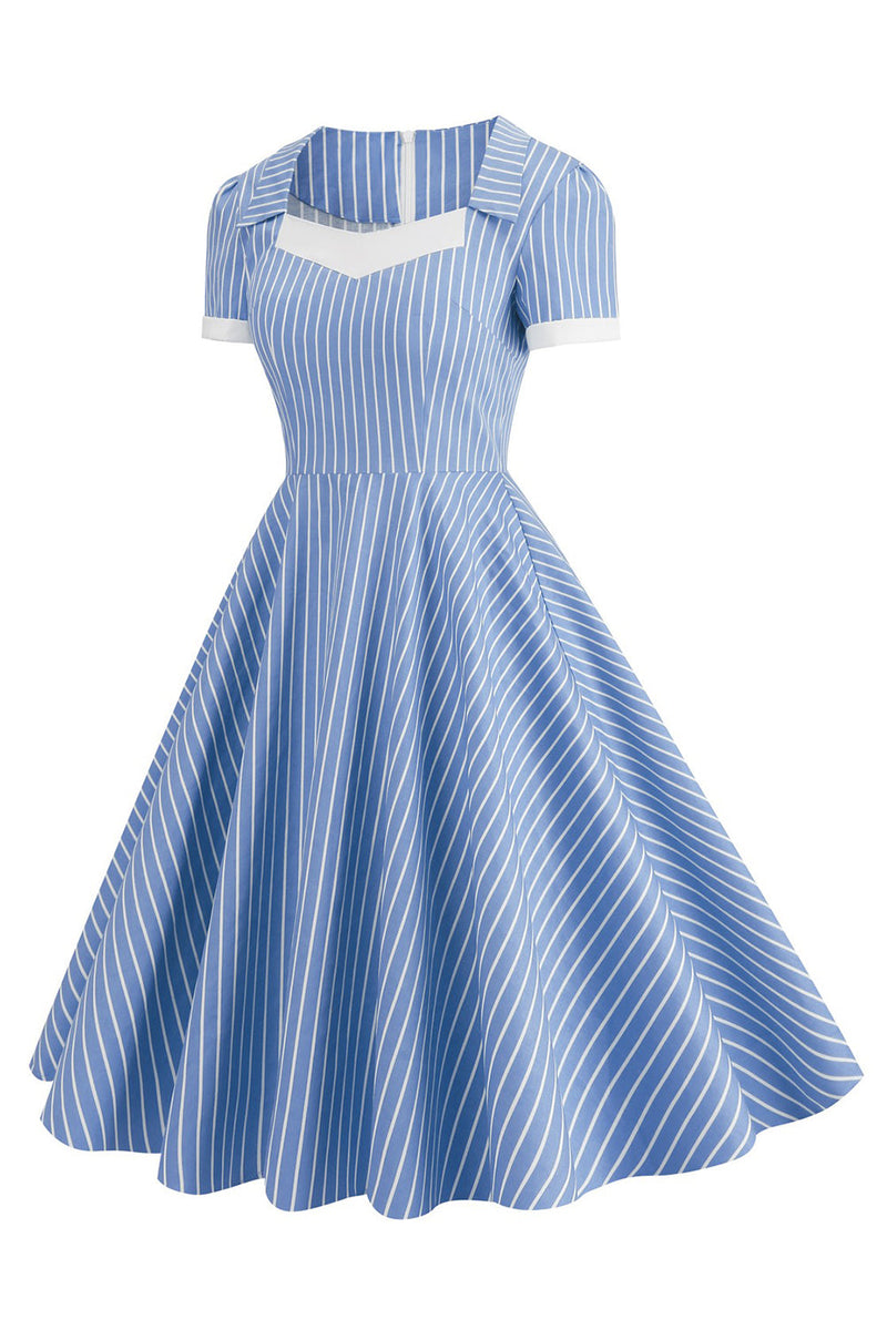 Indlæs billede til gallerivisning Blåstribet vintage kjole med korte ærmer