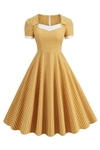 Blåstribet vintage kjole med korte ærmer