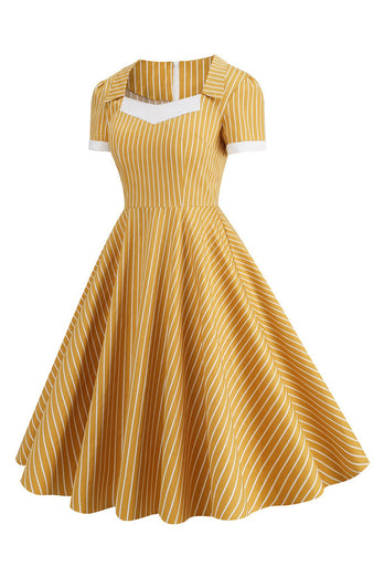 Blåstribet vintage kjole med korte ærmer