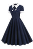 Indlæs billede til gallerivisning Jewel Neck Navy 1950&#39;erne kjole med Bowknot