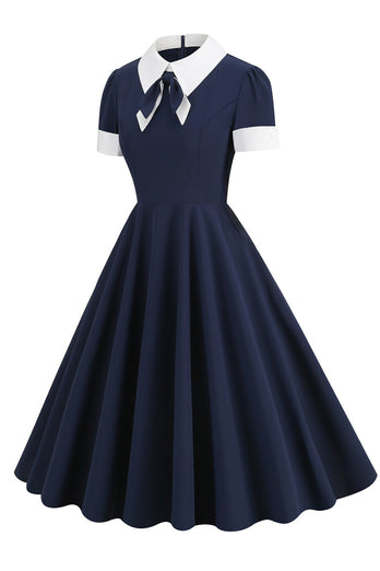 Jewel Neck Navy 1950'erne kjole med Bowknot