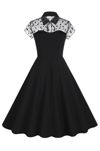 Hepburn Style sort vintage kjole med korte ærmer