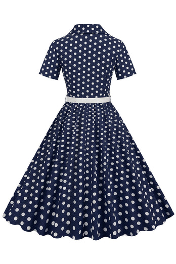Hepburn Style V hals blå prikker 1950'erne kjole