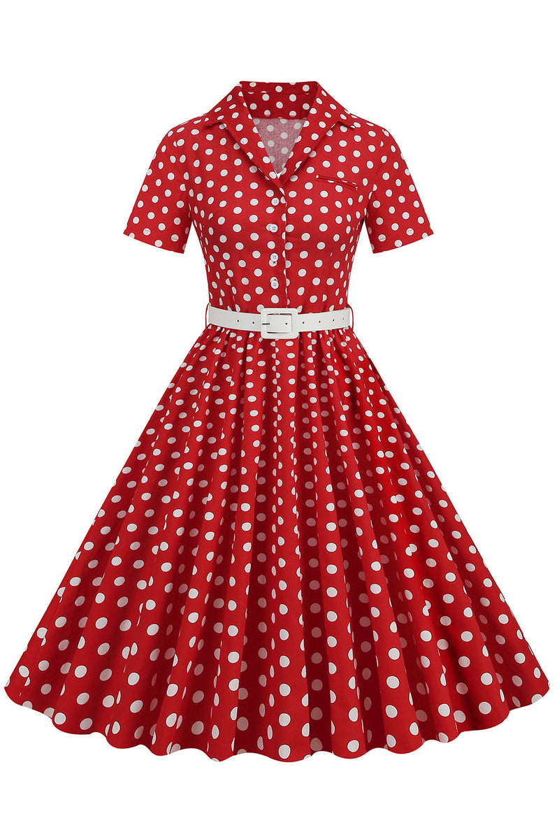 Indlæs billede til gallerivisning Hepburn Style V hals blå prikker 1950&#39;erne kjole
