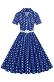 Hepburn Style V hals blå prikker 1950'erne kjole