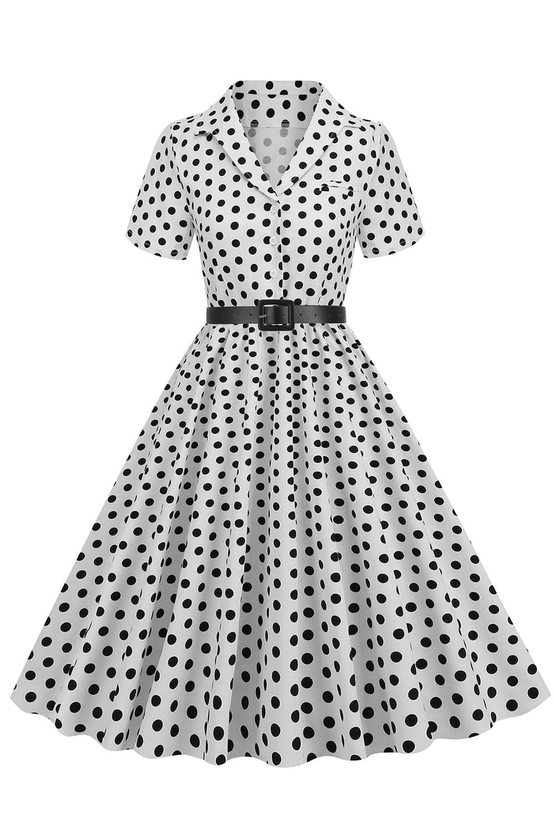 Indlæs billede til gallerivisning Hepburn Style V hals blå prikker 1950&#39;erne kjole