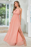 Orange Chiffon Halter Brudepigekjole med slids