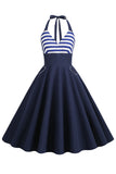 Halter Stripe Blue Swing Retro Kjole med lommer