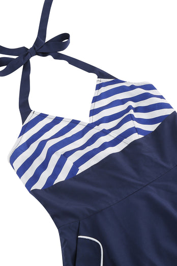 Halter Stripe Blue Swing Retro Kjole med lommer
