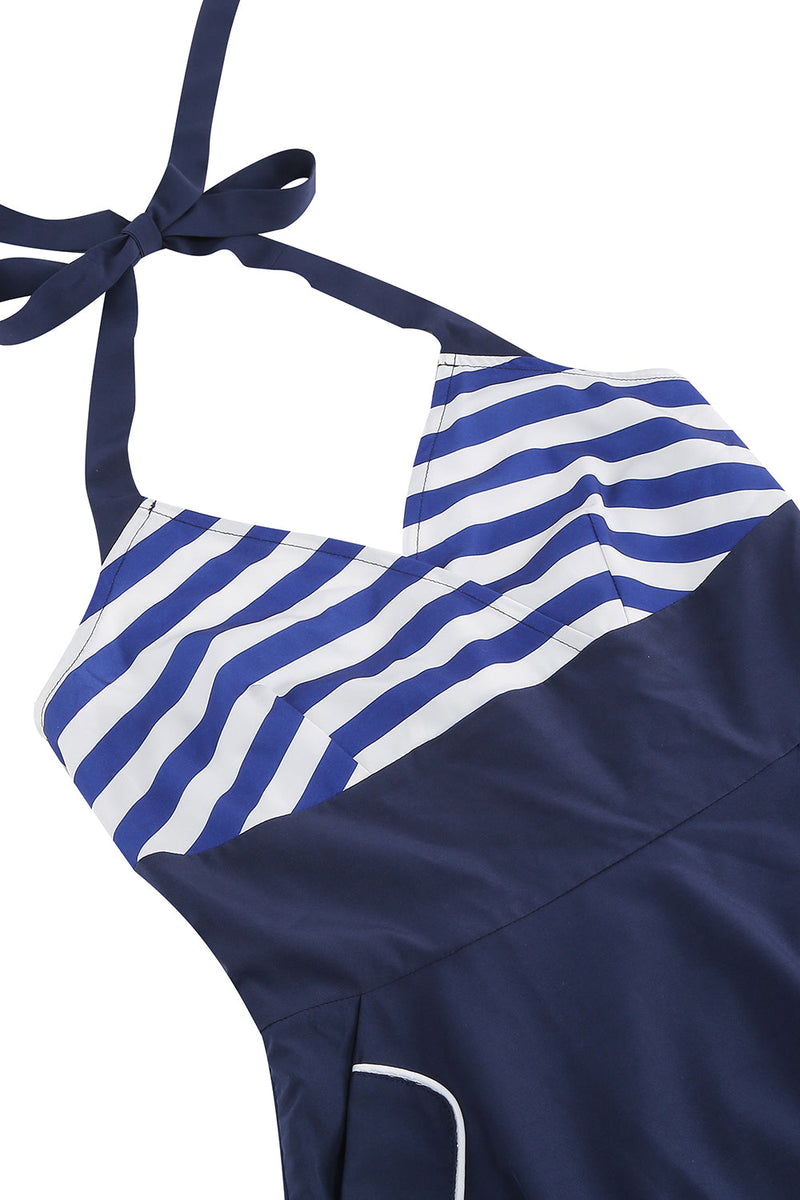 Indlæs billede til gallerivisning Halter Stripe Blue Swing Retro Kjole med lommer