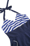 Halter Stripe Blue Swing Retro Kjole med lommer