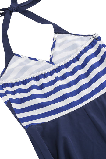 Halter Stripe Blue Swing Retro Kjole med lommer