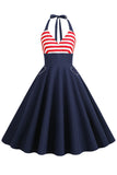 Halter Stripe Blue Swing Retro Kjole med lommer