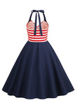 Halter Stripe Blue Swing Retro Kjole med lommer