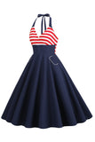 Halter Stripe Blue Swing Retro Kjole med lommer