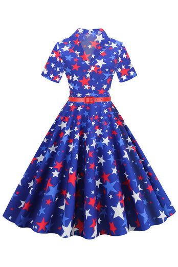Royal Blue Stars printbælte 1950'er kjole med korte ærmer