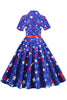 Indlæs billede til gallerivisning Royal Blue Stars printbælte 1950&#39;er kjole med korte ærmer