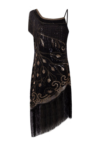 Sort kjole med en skulder fra 1920'erne med frynser
