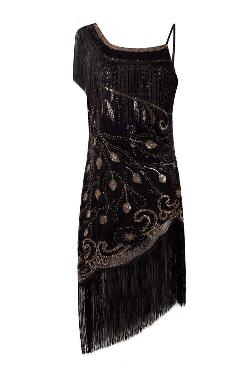Indlæs billede til gallerivisning Sort kjole med en skulder fra 1920&#39;erne med frynser