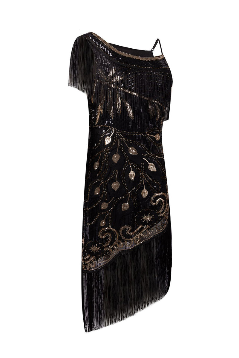Indlæs billede til gallerivisning Sort kjole med en skulder fra 1920&#39;erne med frynser