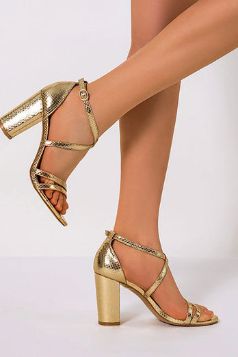 Golden Chunky High Heel Ankelrem Sandal