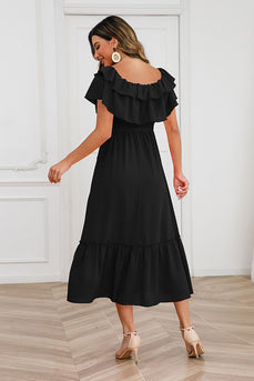 A-Line Off The Shoulder Black Casual Dress med flæser